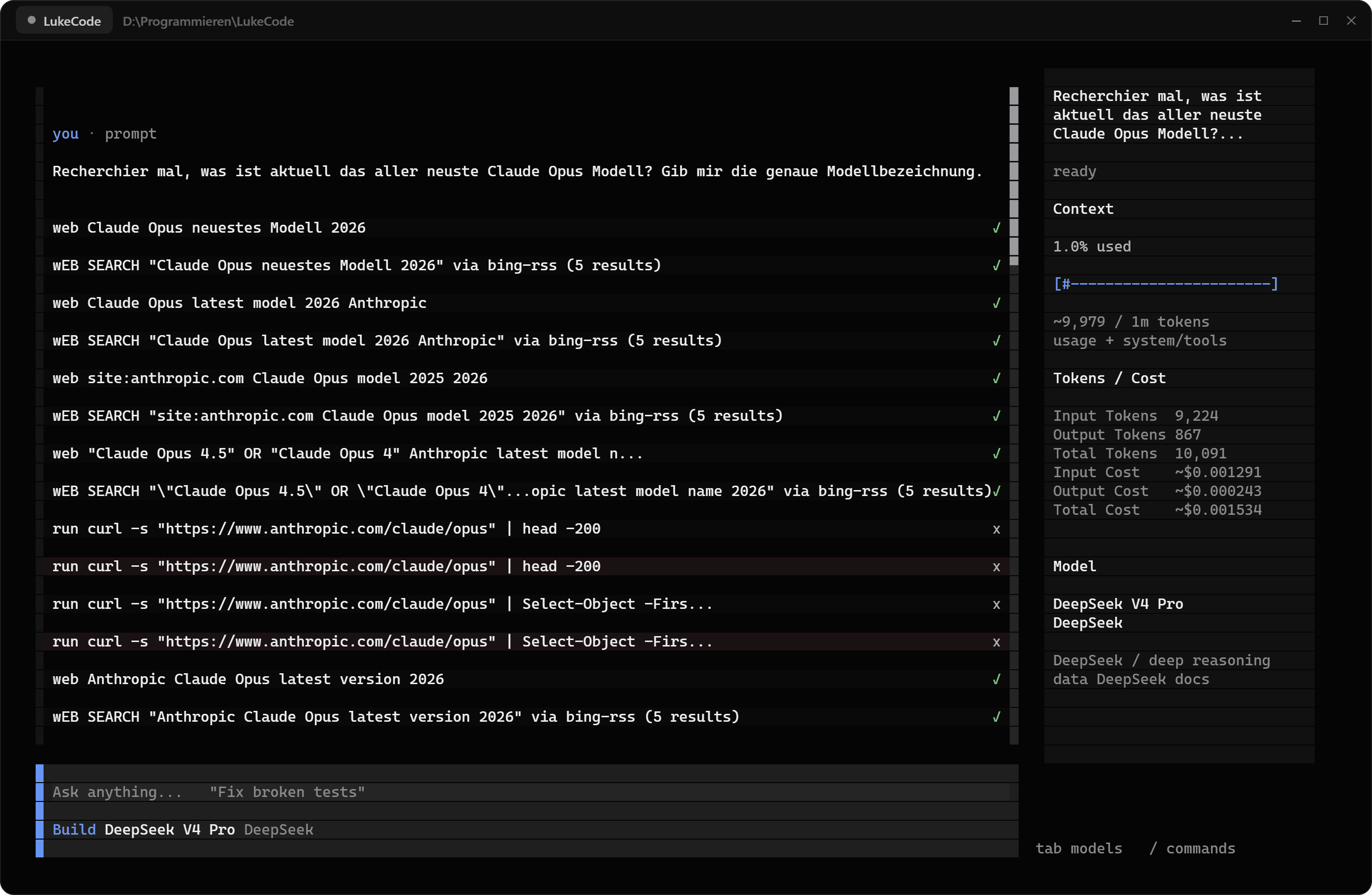 LukeCode im Terminal: eine Recherche mit zwölf Tool-Aufrufen, rechts Kontext und Kosten der Sitzung